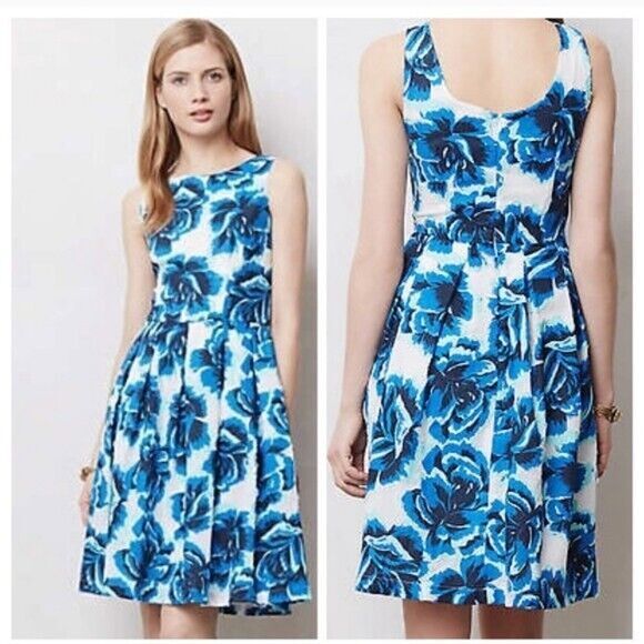 Porridge Anthropologie Blue Roses Floral Dress 2 Pleats Cottage Tea Garden Party - Picture 1 of 15